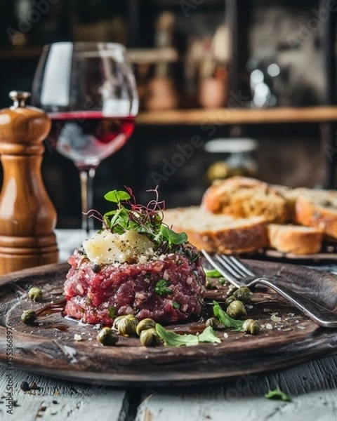 Fototapeta Raw Beef Tartar with Cheese and Wine in Rustic Style