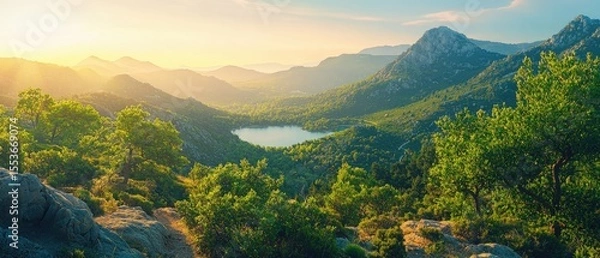 Fototapeta Mountain valley with lake and golden sunlight during summer hike