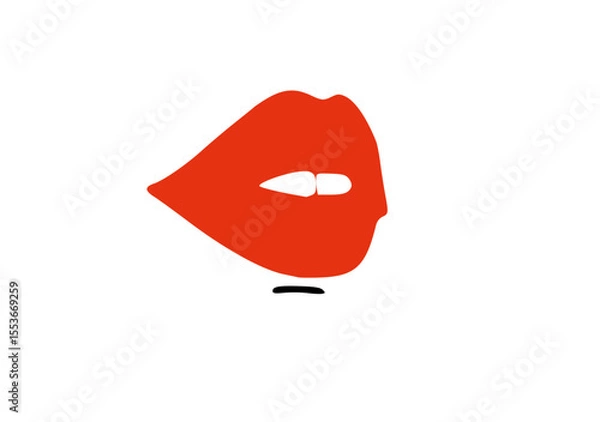 Fototapeta Stylized red lips with a subtle white highlight and a small black line below, set against a plain white background.