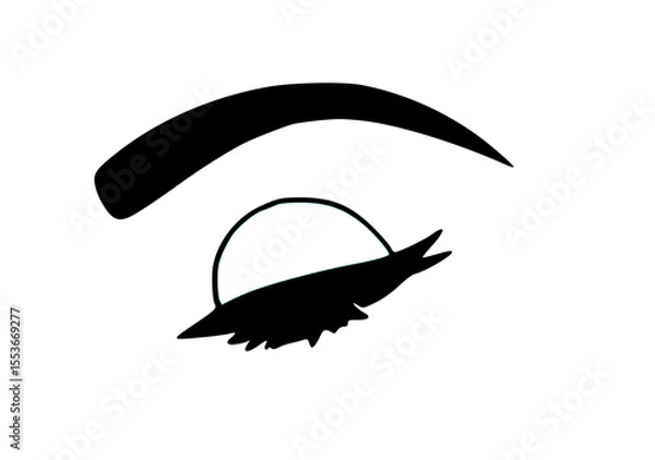 Fototapeta Stylized black silhouette of an eye with a defined eyebrow and long eyelashes on a plain white background.