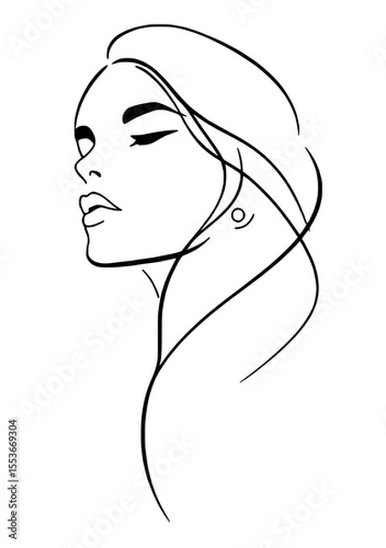 Fototapeta A minimalist line drawing of a woman's profile, featuring flowing hair and an expressive eye, conveying elegance and simplicity.