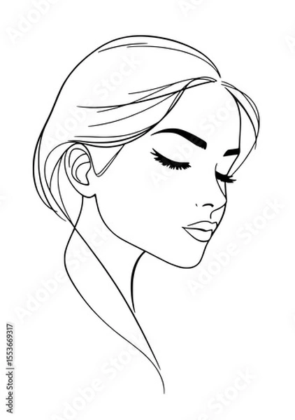 Fototapeta A minimalist line drawing of a woman's profile with long hair, emphasizing graceful facial features and an elegant hairstyle.