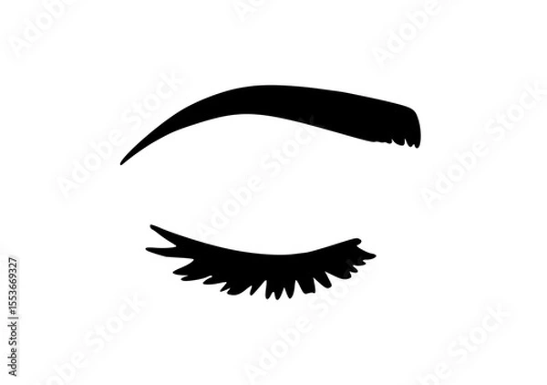 Fototapeta Silhouette of a closed eye with stylized lashes and an arched eyebrow, captured in a minimalist black design on a white background.