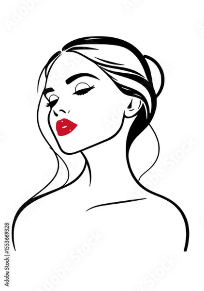 Fototapeta Silhouette of a woman with long, flowing hair styled in an elegant updo, facing slightly to the left. Minimalist line art style.