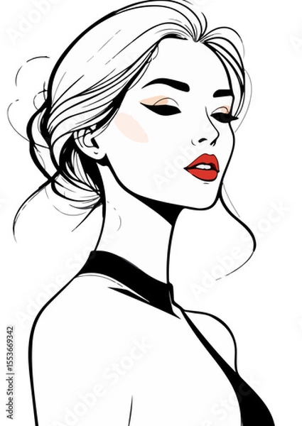 Fototapeta Elegant line art of a woman in profile, showcasing a stylish updo and a black top, conveying a sense of sophistication and grace.