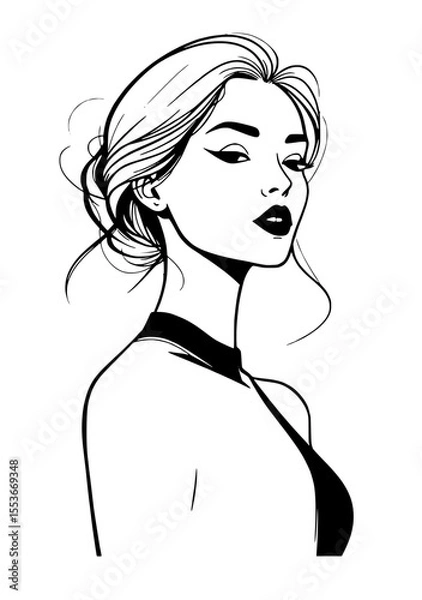 Fototapeta Elegant line drawing of a woman with wavy hair styled in a bun, wearing a sleeveless top, shown in profile against a white background.