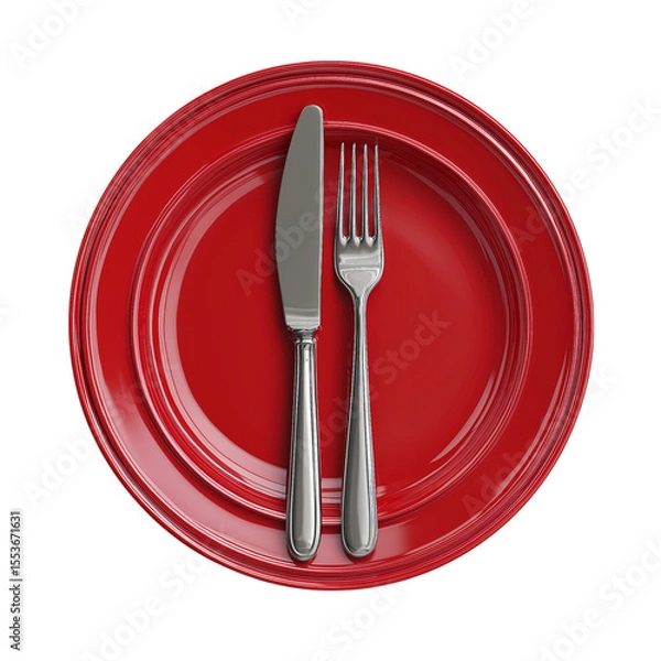 Fototapeta 3D icon of a red plate with a knife and fork, top view, isolated on a transparent background in PNG format.