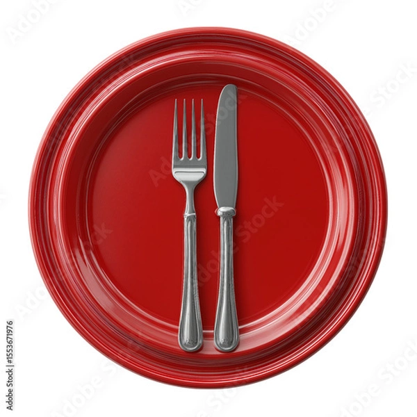 Fototapeta 3D icon of a red plate with a knife and fork, top view, isolated on a transparent background in PNG format.