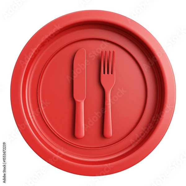 Fototapeta 3D icon of a red plate with a knife and fork, top view, isolated on a transparent background in PNG format.