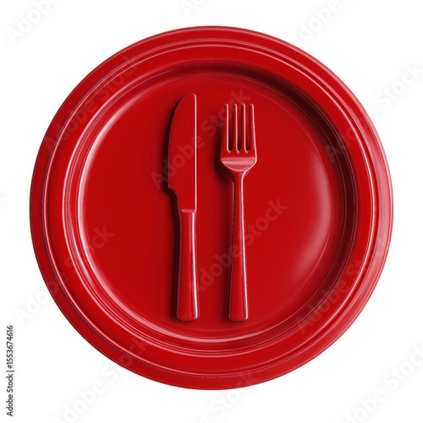 Fototapeta 3D icon of a red plate with a knife and fork, top view, isolated on a transparent background in PNG format.
