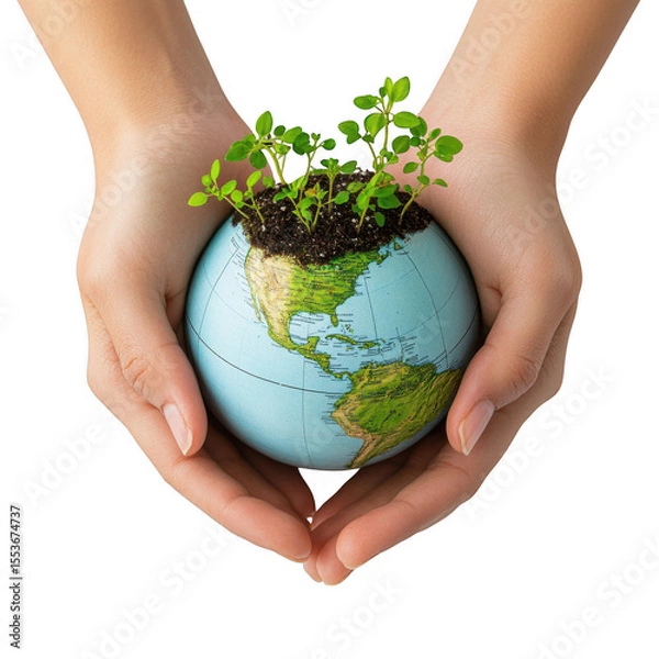 Fototapeta Hands gently cradle a small globe with green sprouts growing from the soil isolated on transparent background