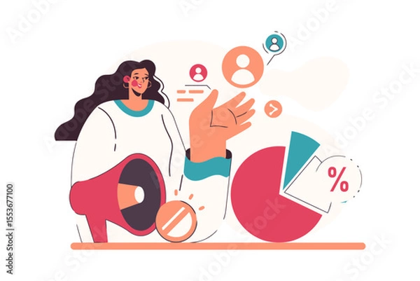 Fototapeta Woman marketing strategy megaphone analysis business chart data analytics communication promotion success growth vector art illustration