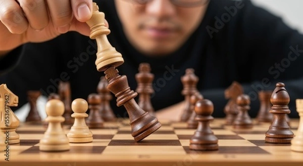 Fototapeta Close-up of a chess game in progress, with a king falling. Represents strategic thinking, competition, and decisive moves.