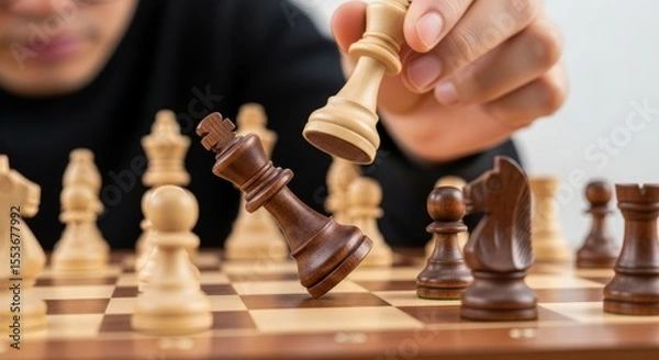 Fototapeta A pivotal moment in a chess game: a hand captures the opponent's king. Symbolizes strategy, victory, and intellectual challenge.