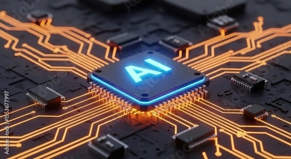 Fototapeta Close-up of an illuminated AI processor on a dark electronic board, representing artificial intelligence, data processing, and innovation in computing.