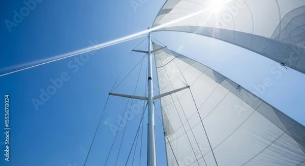 Fototapeta Looking up at a soaring sailboat mast and white sail, bathed in brilliant sunlight. A clear, blue sky suggests fair weather and open sea exploration.
