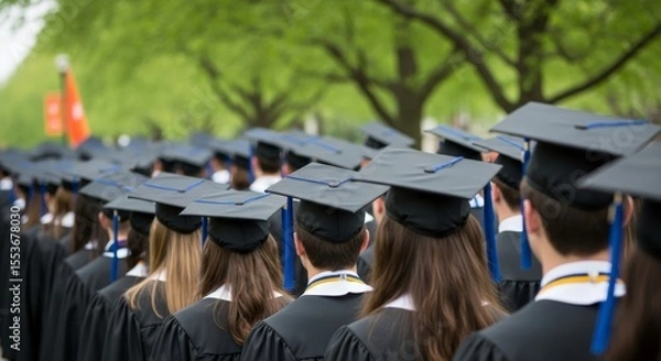 Fototapeta A sea of graduating students, seen from behind in caps and gowns, ready to embark on their next chapter. Symbolizes achievement, future, and new beginnings.