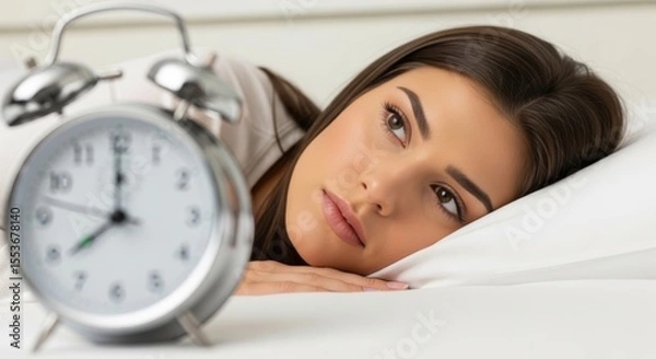 Fototapeta Close-up of a thoughtful young woman resting on a white pillow next to an alarm clock. This image evokes themes of waking up, sleep, time, and morning contemplation.