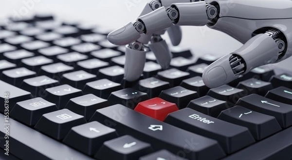 Fototapeta Futuristic chrome robot hand interacts with a keyboard featuring vibrant, defined keys, symbolizing artificial intelligence, technological progress, and digital innovation.