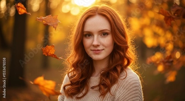 Obraz Peaceful fall portrait in the forest with golden natural light.

