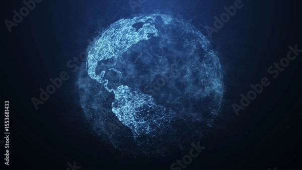 Obraz A digital rendering of a globe in blue tones symbolizing intensity, energy and global connections. Lines and dots connecting continents highlight the network of interactions. Vector