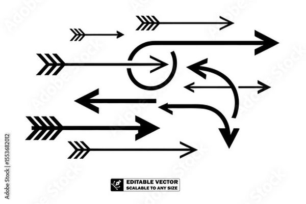 Obraz A collection of black arrows and circles pointing in different directions on a white background plane