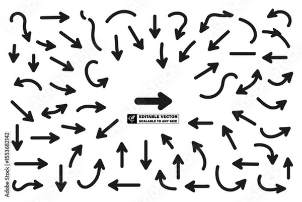 Obraz A collection of black arrows and circles pointing in different directions on a white background plane