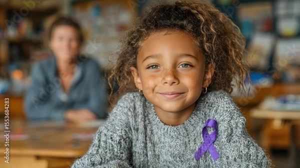 Fototapeta Smiling Child with Purple Ribbon Sticker in Classroom with Supportive Teacher – Epilepsy Awareness

