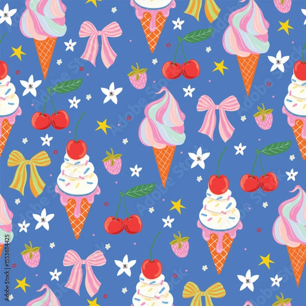 Fototapeta Seamless vector summer pattern with ice cream cones, strawberries, cherries, bows, flowers, and stars. Cute girly pastel background.