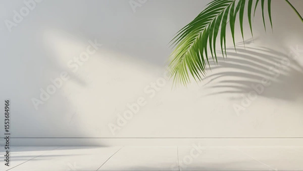 Obraz minimalistic background with blurred foliage shadow on white wall and palm leaves