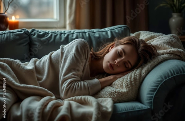 Fototapeta A young woman rests peacefully on a sectional couch, wrapped in a soft blanket, in a tranquil living room. Natural light filters through a window, creating a serene atmosphere.