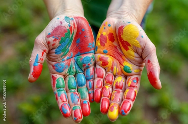 Fototapeta Hands covered in vibrant paint showcase artistic expression and creativity. The outdoor atmosphere, filled with green grass, enhances the playful mood of the activity.
