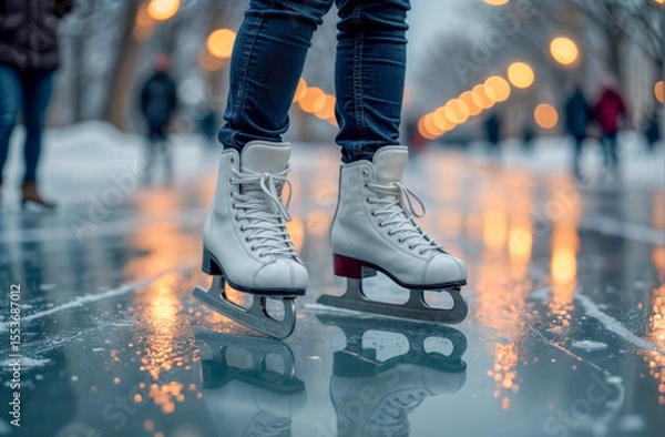 Fototapeta A figure skater in white skates moves gracefully across an icy surface at a park during a winter evening. Soft lights illuminate the surrounding trees, creating a festive ambiance.
