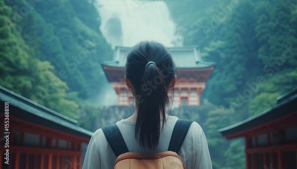 Fototapeta AI generator images of Majestic traditional torii gates amidst misty forest path in tranquil japan landscape, Serene pathway lined with vibrant torii gates through lush greenery in a tranquil forest.