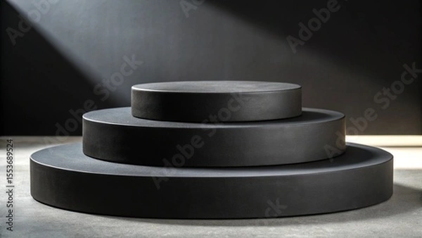 Fototapeta Three layered black podium platforms staged against a dark moody studio backdrop