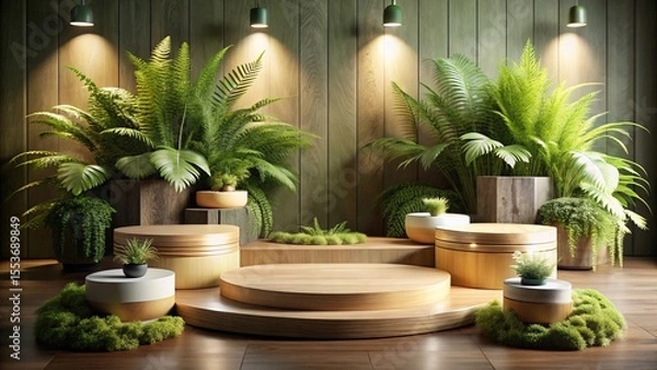 Fototapeta Wooden podium with ferns and greenery display perfect for product presentation and display
