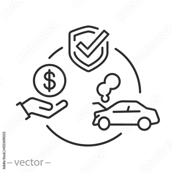 Obraz icon of compensation for destroyed property, transport insurance,  security car, protection of auto, damaged car, thin line symbol on white background - editable stroke vector illustration eps10
