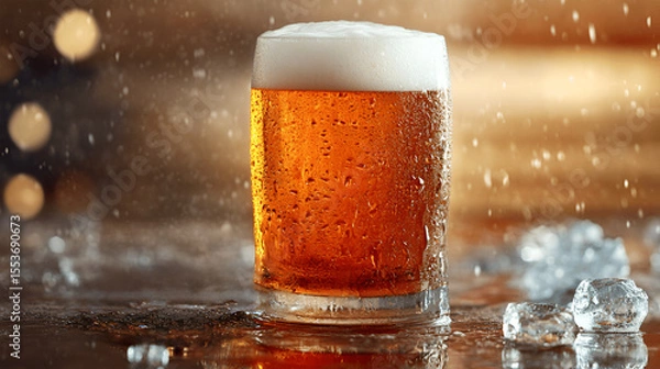 Obraz Refreshing glass of amber beer with frothy head, resting on a wet surface surrounded by ice cubes, creating a vibrant and inviting atmosphere for beverage enjoyment