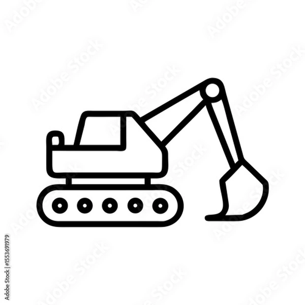 Fototapeta Minimalist black outline vector icon of an excavator, symbolizing construction, heavy machinery, digging, and industrial work. Clean design on a transparent background