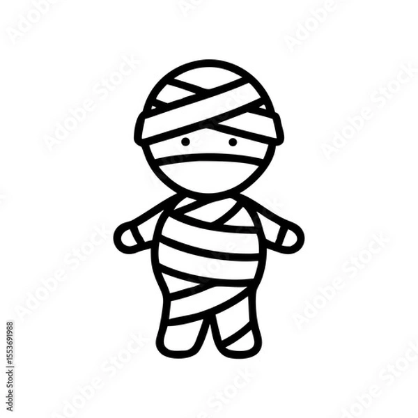 Fototapeta Minimalist black outline vector icon of a cute mummy wrapped in bandages. Clean design on a transparent background.