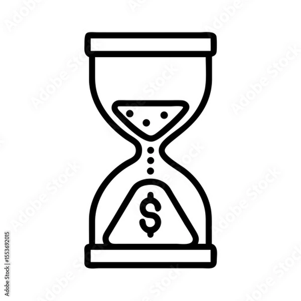 Fototapeta Minimalist black outline vector icon of an hourglass with sand flowing and a dollar sign at the bottom, symbolizing "time is money", business, and financial efficiency