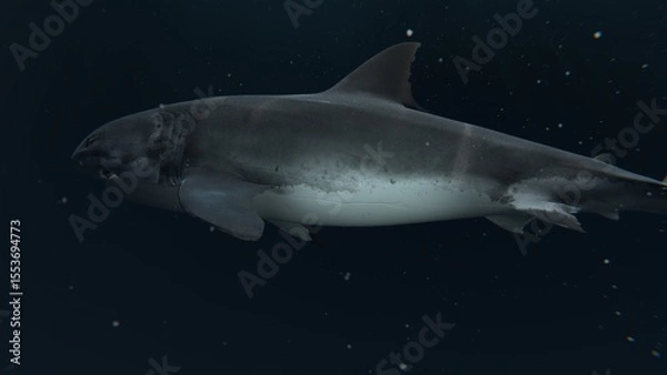 Fototapeta A realistic underwater scene featuring a Great White shark swimming gracefully in the ocean depths. The lighting creates a soft, muted atmosphere, with light beams filtering through the water