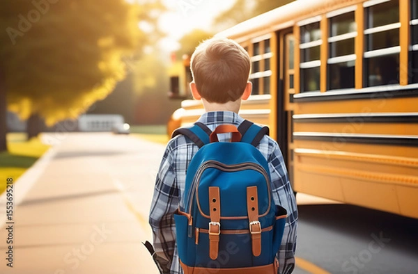 Fototapeta Schoolboy with backpack on yellow school bus background. Back to school