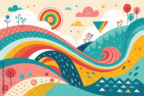 Fototapeta Colorful abstract shapes with vibrant, playful, and whimsical design — dynamic composition of geometric patterns with bold colors, movement, and fluid, imaginative expression

