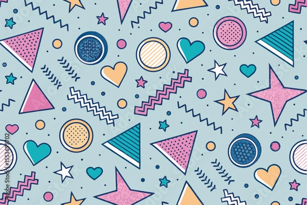 Fototapeta Memphis geometric seamless pattern in pastel pink — retro 80s 90s abstract background with circles, zigzags, spirals, and wavy lines, cute kid doodle style for fun, creative design projects

