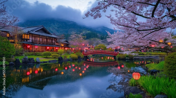 Obraz AI generator image of seasons Tranquil River Scene with Cherry Blossoms and Traditional, Canal amidst trees against castle during autumn Tranquil River Scene with Cherry Blossoms and Traditional House