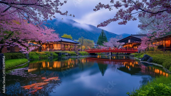 Obraz AI generator image of seasons Tranquil River Scene with Cherry Blossoms and Traditional, Canal amidst trees against castle during autumn Tranquil River Scene with Cherry Blossoms and Traditional House