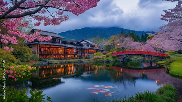 Obraz AI generator image of seasons Tranquil River Scene with Cherry Blossoms and Traditional, Canal amidst trees against castle during autumn Tranquil River Scene with Cherry Blossoms and Traditional House