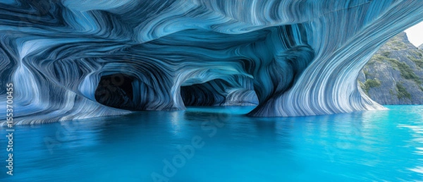 Obraz AI generator image of Marble Caves  Nature outdoes herself with this stunningly beautiful set of caves carved into marble.