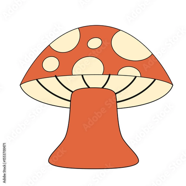 Fototapeta Cartoon red mushroom with beige dots and thick stem isolated on white background in flat simple style